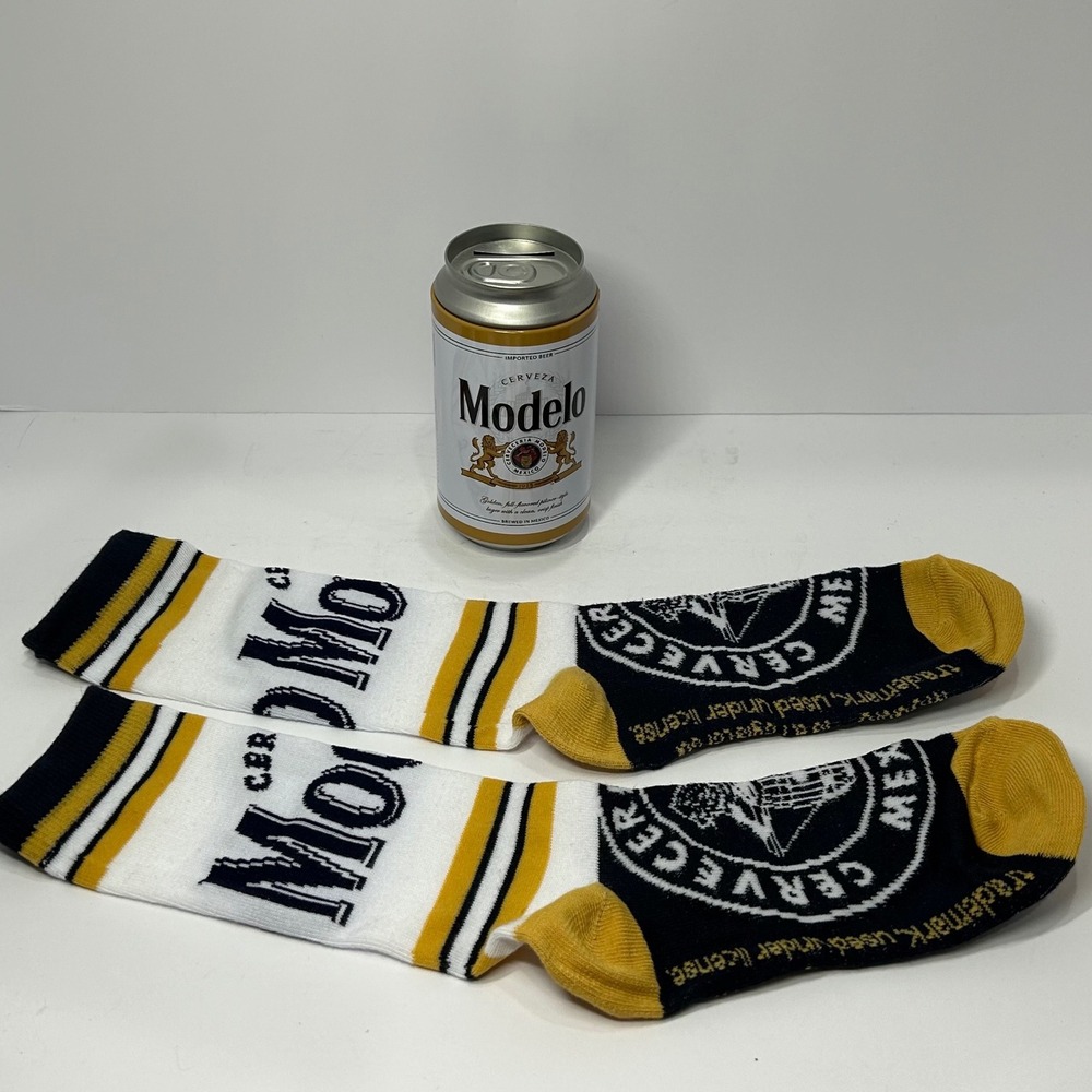 Modelo Especial Beer Crew Socks with Collectible Can Tin Bank White Navy Gold